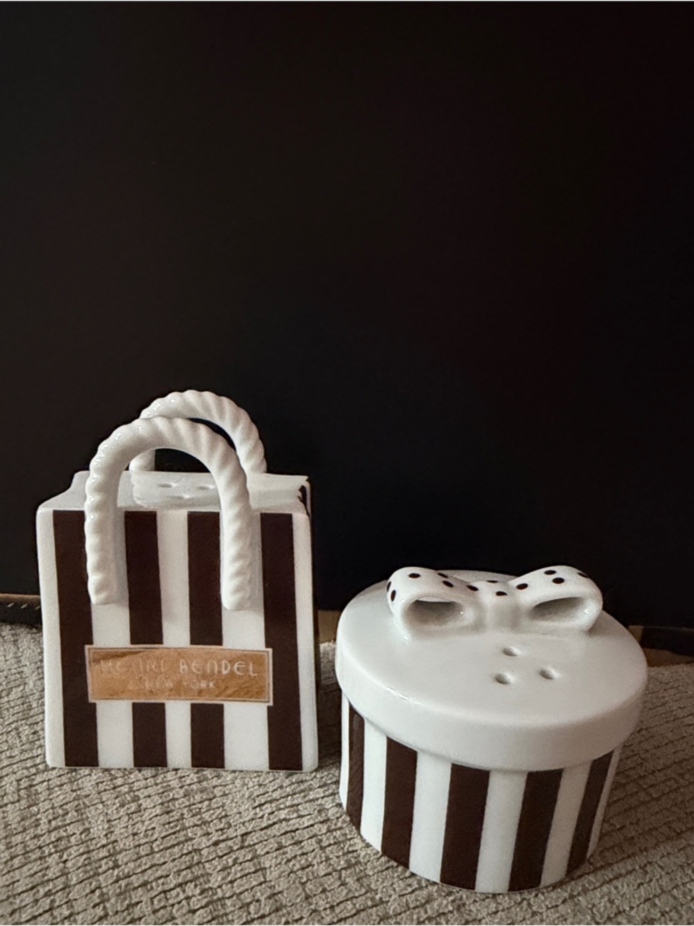 henri bendel Brown and White Striped Ceramic Salt n’ Pepper set